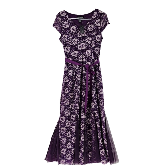 Candalite Women's Stretch Lace Tulle Godet V-Neck Tie Waist Prom Dress - MP - Picture 1 of 7